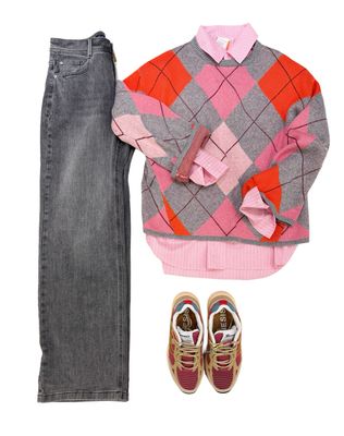 Pullover " Burberry Style" grey pink orange rose und Stripe Hemdblouse blossompink THE SHIRT PROJECT, Wide leg Jeans RED BUTTON, BIO Sneaker GENESIS