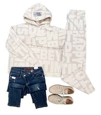 Hoodie und Jogpant mit Buchstaben THE SHIRT PROJECT, Jeans mit Schrägschließe BLUE MONKEY, Wildledersneaker BABOUCHE