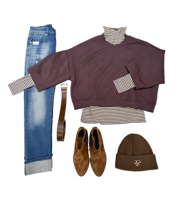 3/4 ArmModal-Sweater choco, Stripe Rolli milk choco THE SHIRT PROJECT, Jeans BLUE MONKEY, Gürtel YAYA, Mütze choco ACCESSOIRES, Steifel GARBOR