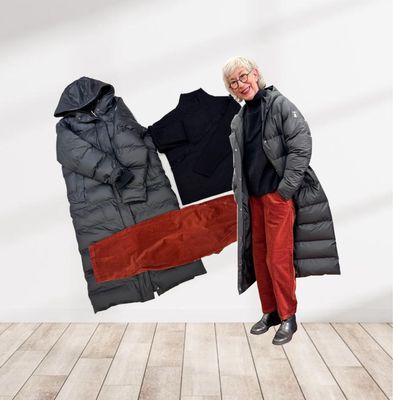 Winter Steppmantel black DERBE, BW Pullover black und Barrel Cordhose henna TIMEZONE