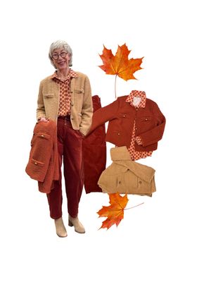 leichte Teddyjacke im Chanellstil rost und camel , Bluse zimt milk gemustert MARTA DU CHATEAU, Barrel Cordhose henna TIMEZONE