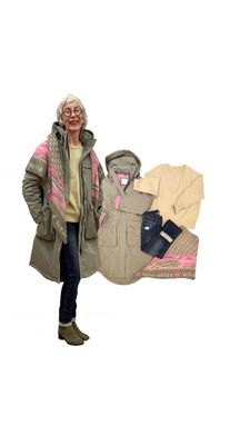 Lange Outdoorjacke ash green RINOundPELLE, TWO in ONE YAYA, Kuschel-Dreieckstuch ACCESSOIRES, Jeans BLUE MONKEY
