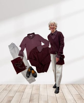 V Pullover und Mesh Blusenshirt dark purple YAYA, Barreljeans light gray YAYA, Wildlederbar barolo ITALIEN, Lederloafer black AMIE RAFA