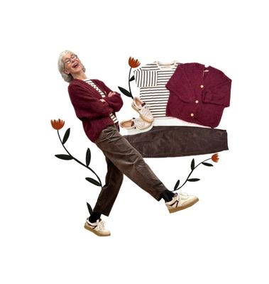 Kuschelcardigan barolo - 3/4 Arm stripe Shirt moro milk beidee MARTA DU CHATEAU, Barrelcorhose seal brown TIMEZONE, Teddysneaker BABOUCHE