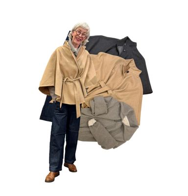 Poncho camel und dark grey , Cardigan mit breitem Kragen und Zip - alles YAYA, Milo Jeans YOU TOO