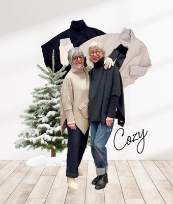 Oversize- Pullover - Poncho in sand melange und black, edle Lederhandschuhe in sand beige und black YAYA