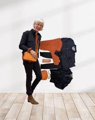 Stripe Jacket black, Slim Jeans black, Volantbluse black, Pullover rost, Lederbag, Handschuh Dackel