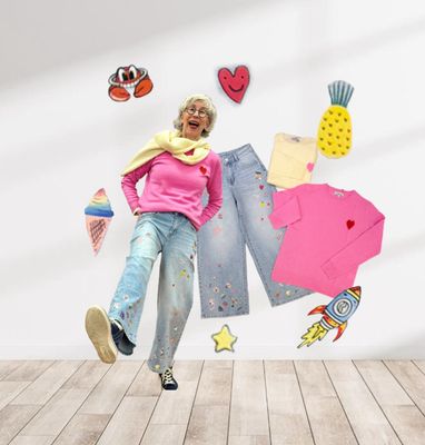 Wide Leg Jeans mit Patches - reiner Cashmerepullover pink und hellgelb ZWILLINGSHERZ