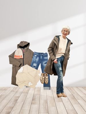 Übergangsparka taupe ZWILLINGSHERZ, Pullover mit intergriertem Kragen und Manschetten YAYA, Jeans BLUE MONKEY reduziert,Sneaker BABOUCHE reduziert, Cashmerebeanie reduziert