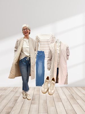 Longblouson stein und Jeans mit Dehnbund BODY TOUCH, Stripeshirt taupe RED BUTTON, Ledersneaker BABOUCHE