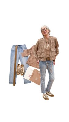 modische Ausbrennerjacke und Shirt RINOundPELLE, Jeans SIENNA RED BUTTON, Gürtel YAYA, Sneaker BABOUCHE