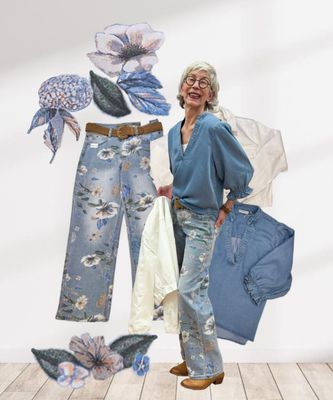 Jeansblouson weiß RED BUTTON, Flower Jeans BLUE MONKEY, Lyocell Jeansbluse RINOundPELLE, Gürtel YAYA