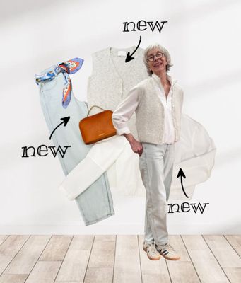 Strickgilet - Ballonbluse weiß, Barreljeans YAYA , Lederbag Italien ACCESSOIRES