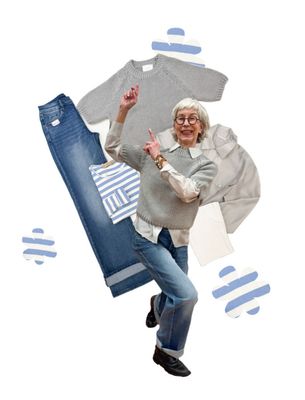 Grobstrickpullover YAYA grey, Transparentbluse grey YAYA, Top YAYA, Wide leg Jeans BLUE MONKEY, Stripeshirt bleu MARTA