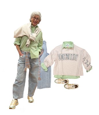 Sweater " denim" - Stripebluse green rose' THE SHIRT PROJECT, Barreljeans BLUE MONKEY, Sneaker GENESIS, Gürtel EMILY VAN DEN BERGH