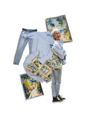 Boxy Bluse Stripe und Kachelprint EMILY VAN DEN BERG, Spitzentop weiß MARTA DU CHATEAU, Anklejeans BLUE MONKEY, Gürtel petrol ACCESSOIRES