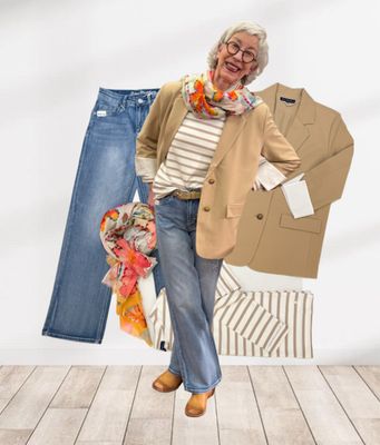 Blazer dark sand und Stripe Shirt pepple RED BUTTON, Jeans mit Stickerei BLUE MONKEY, Wildledergürtel ACCESSOIRES