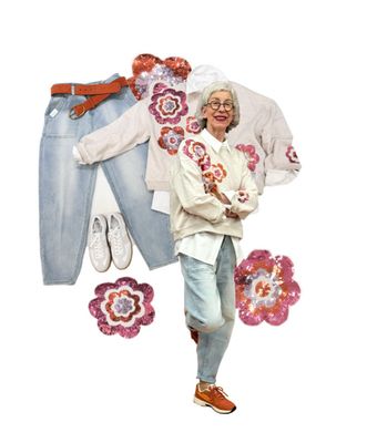 Sweater mit Pailettenblüten THE SHIRT PROJECT, Ballon Jeans BLUE MONKEY, Bluse weiß YAYA, Ledersneaker weiß BABOUCHE, Mesh Sneaker rustish reduziert, Gürtel ACCESSOIRES