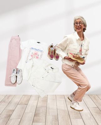Jeansblouson white, Jeans Caitlina blossom rose, Shirt mit Frontdruck, Sneaker Genesis reduziert, Sneaker Babouche reduziert