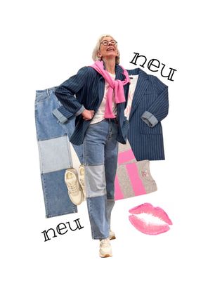 Jeans Nadelstreifenblazer navy und Patchworkjeans MARTA DU CHATEAU, Shirt RED BUTTON, Cashmerepullover ZWILLINGSHERZ, Sneaker milk silber RINOund PELLE