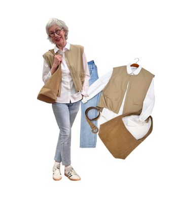 Ballonweste dark sand , Jeans Sissy denim RED BUTTON, Hemdbluse weiß ICHI, Gürtel und Tasche YAYA