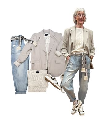 Ajourpullover BLOOMINGS, Oversize Blazer dove ICHI, Barrel Jeans BLUE MONKEY, Gewebegürtel EMILY VAN DEN BERGH, neue Sneaker RINO und PELLE