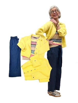 Bubbly breeze lime RINOundPELLE, Conny Palazzo denim und Strickshirt gemustert RED BUTTON, Blousonjacke pink BODY TOUCH