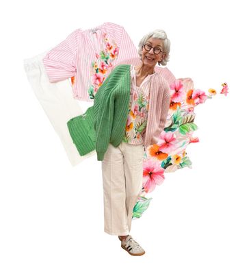 Blüten Stripe Bluse EMILY v.d.Bergh, Grobstrickardigan in 2 Farben BODY TOUCH, Leinen BW Hose offwhite RED BUTTON