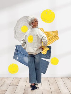 Sweater "Happiness my Dresscode" und Stripeshirt yellow THE SHIRT PROJECT, Wide Leg Culotte BLUE MONKEY