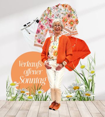 Grobstrick Cardigan orange BODY TOUCH, Blüten BW Bluse EMILY VAN DEN BERGH, 7/8 Hose weiß und gelb  BODY TOUCH, Sneaker reduziert GENESIS