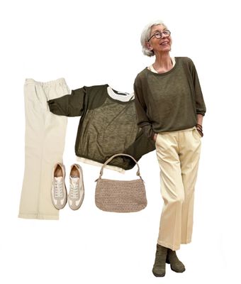 TWO in ONE Pullover + Stricktop oliv YAYA, Conny BW/ Linen oatmeal RED BUTTON, Sneaker reduziert BABOUCHE, Paper- Bast Bag RINOundPELLE