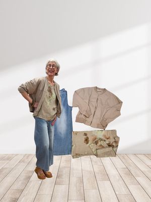 Leinenbluse mit Blütendruck taupe LOVE LINEN, Wide leg Culotte denim stripe BLUE MONKEY, LIV Blouson fossil YOU TOO