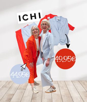 ICHI Jerseyblazer bleu und orange, Jerseyculotte bleu und orange - Shirt mit Frontdruck peach und bleu YAYA