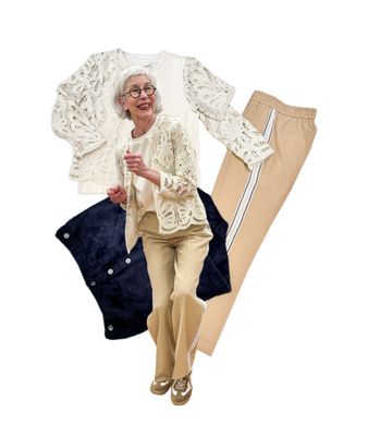 Jacke und Shirt mit Spitze RINOund PELLE, Palazzohose Sidetape RED BUTTON, Bubbly Kuscheljacke navy RINOundPELLE, Sneaker BABOUCHE last 39