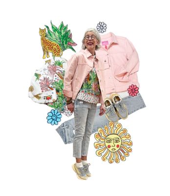 Bluse mit herrlich bunten Druck EMILY VAN DEN BERGH, Jeansjacke rose ZWILLINGSHERZ, Anclejeans  light blue BLUE MONKEY, Sneaker blau grau gelb reduziert GENESIS