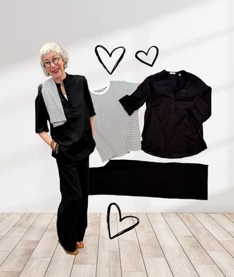 SENSES THE LABEL Leinen Baumwollhose mit passender weißer und schwarzer Bluse und Stripeshirt