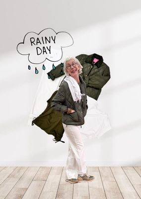 Shirt mit seitlichem Kordelzug weiß und army green YAYA, wide Leg Jeans weiß BLUE MONKEY, Steppjacke army green ZWILLINGSHERZ