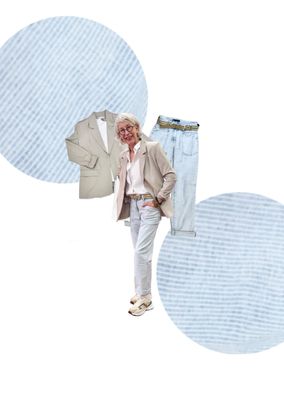 Longblazer ICHI, weiße Bluse YOU TOO, Stripe Jeans Jules RED BUTTON,  Top weiss SENSES THE LABEL, Gürtel MAISON HOTEL