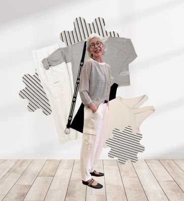 Feiner Stripe Pullover, Top mit überkreuzten Rückenträgern, Cargo Pant alles YAYA, Gürtel MAISON HOTEL