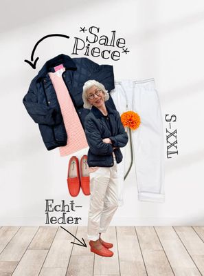 Steppjacke navy Sale ZWILLINGSHERZ, Stripeshirt THE SHIRT PROJECT, Dehnbund Jeans weiß BODY TOUCH, Mokassin orange ZERIMAR