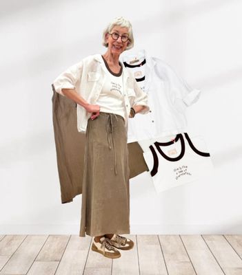 Leinen - Blusenjacke weiß MARTA DU CHATEAU, ausgestellter Rock YAYA, Top THE SHIRT PROJECT