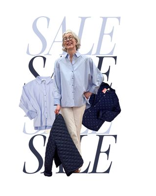 Steppjacke FRIEDAund FREDDIES im SALE, Bluse TSP im SALE, Wide Leg Jeans weiß BLUE MONKEY