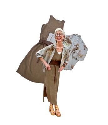 Kleid YAYA, gemusterte Leinenbluse LOVE LINEN, Ledergürtel Obi braun