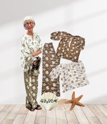 Bestickte Bluse in 3 Farben und Palazzohose Kaffee V.MILANO, Pantoletten braun