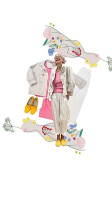 Bestickte Blusenjacke Farbe sabbia und Spitzentop fuchsia, Barrel Dehnbund Pant weiß MARTA DU CHATEAU, Mokassin gelb