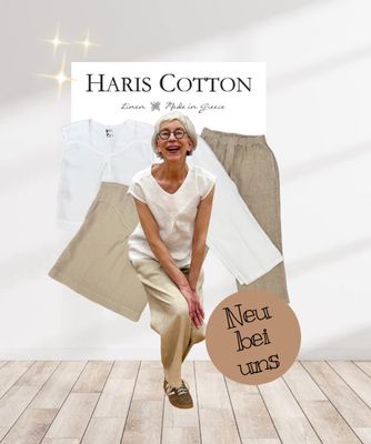 HARIS COTTON Leinen Blusenshirt und verkürzte Pant in weiss und beach sand, Hemd bluse beach sand Lurex Streifen