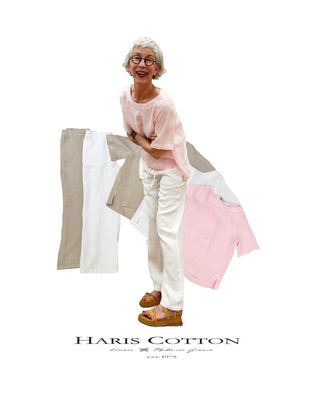 HARIS COTTON 2 Ausgestellte Leinenbluse in 3 Farben, wide leg Leinenhose in weiß und beach sand