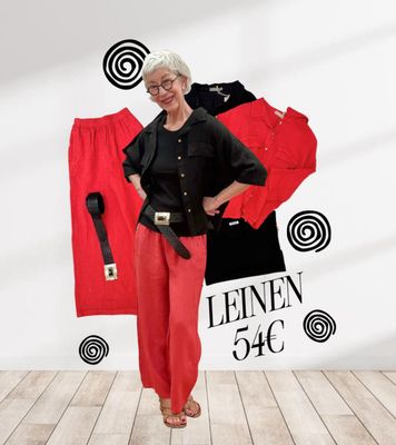 Leinenblusenjacken rot und schwarz, Leinenhose rot, Short gemustert, Shirt rot MARTA DU CHATEAU, Sweater YOU TOO, Ripptop black SENSES THE LABEL