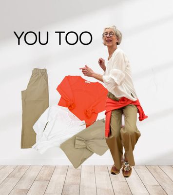 YOU TOO Bohobluse weiß und khaki, federleichte BW Hose khaki, Sweater sunset red