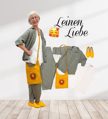 Leinen Blusenjacke und Barrelhose oliv, asymetrisches Leinentop weiß MARTA DU CHATEAU, Lederbag gelb SPANIEN, Mokassin gelb